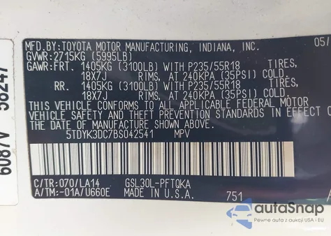 2011 Toyota Sienna Limited V6 z USA, uszkodzony, nr VIN 5TDYK3DC7BS042541